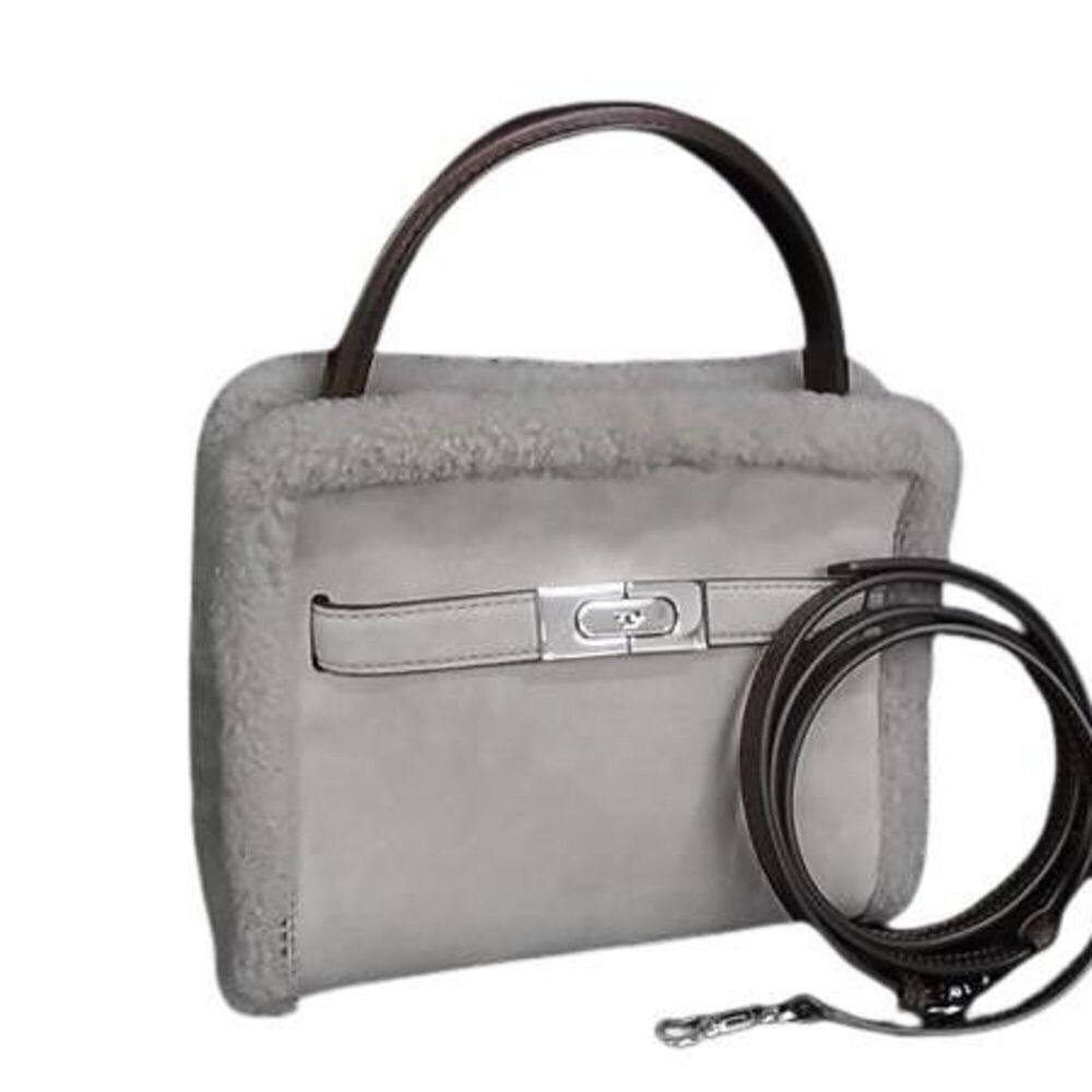 TORY BURCH Lee Radziwill Petite Double Bag, Greige Suede Boa, Women's Small S...